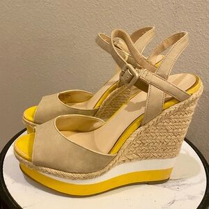 Elle Tan and Yellow Wedge Sandals